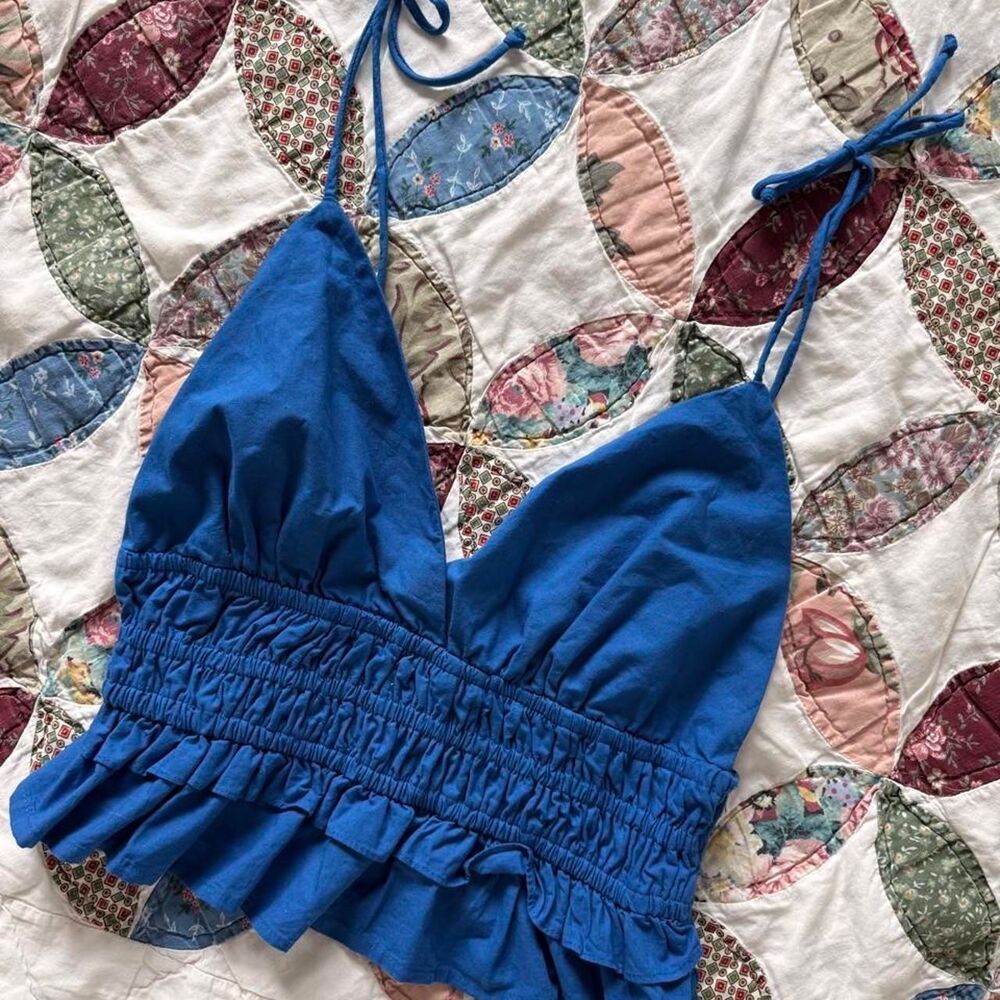 Cobalt Blue Women's Cropped Ruffled V-Neck Camisole, 100% Cotton, Size Small